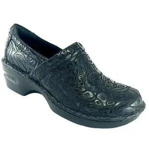 Born Concepts BOC Black Leather Floral Embossed Peggy Clogs